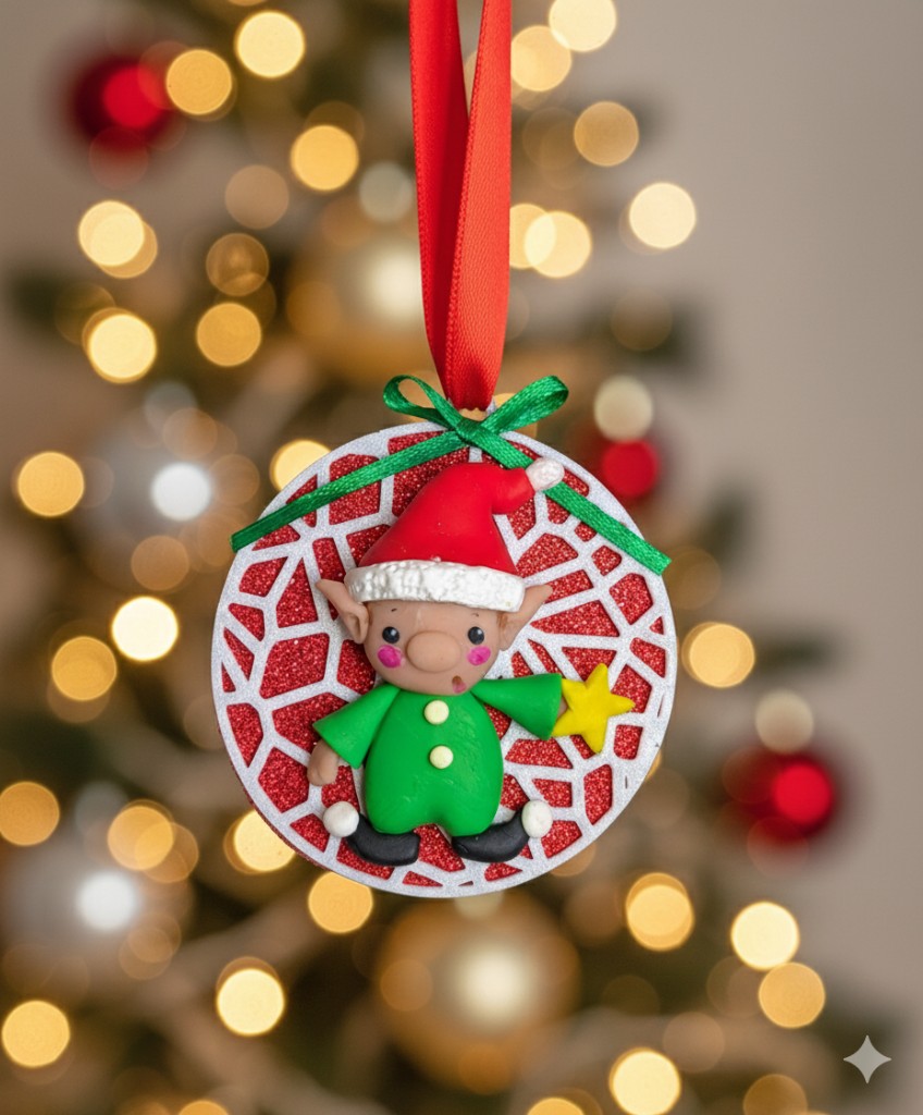 Elfo de adorno navideño con chaqueta verde y pantalón a rayas