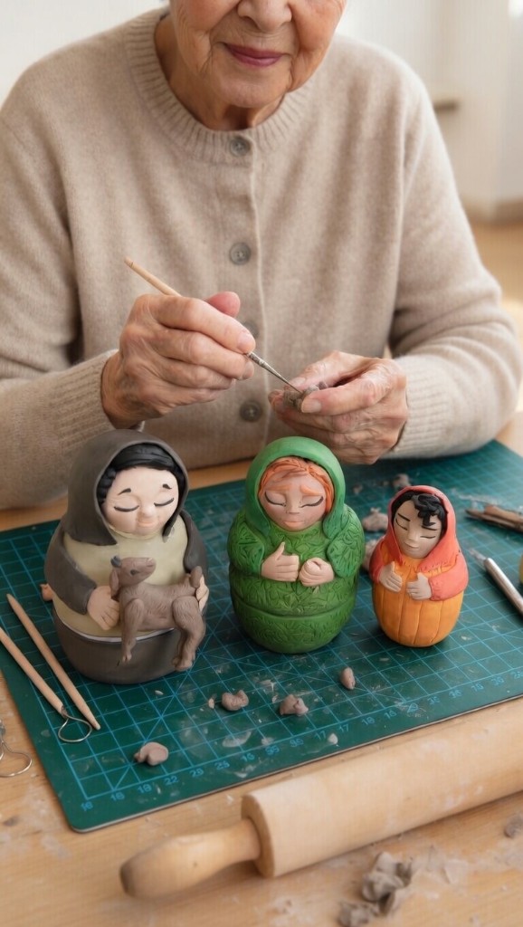 Set de tres muñecas matrioskas modeladas a mano en colores pastel