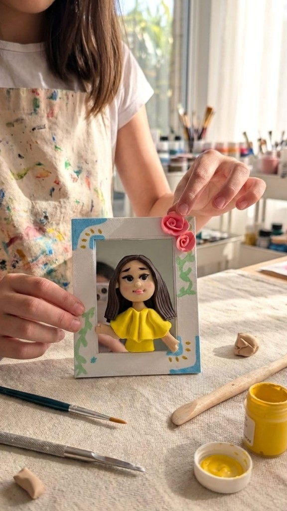 Marco decorado con retrato modelado por niños en taller de porcelana fría