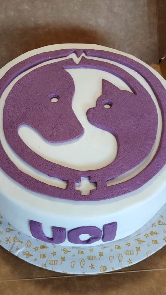Tarta veterinaria con logo perro-gato, siglas UCI y cruz médica en fondant