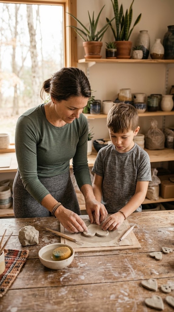 Madre e hijo modelando un corazón de arcilla juntos en un taller familiar de yoga y arte
